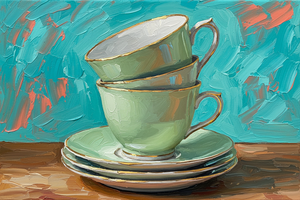 Tasses à Thé Porcelaine Vert Pâle Liseré Doré Années 50 Vintage - Impression d'Art Numérique