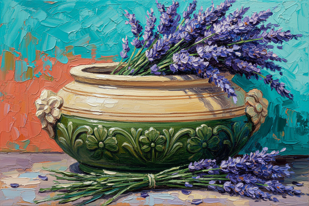 Jardinière Art Déco avec lavande - Peinture impasto