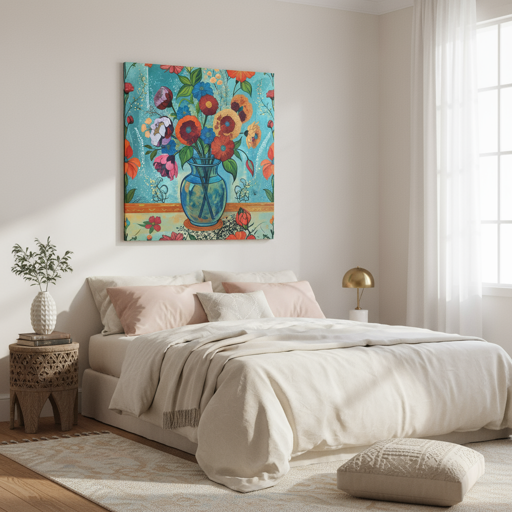 Mise en scène chambre avec tableau floral