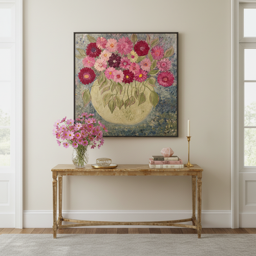 Peinture acrylique originale bouquet cosmos roses bordeaux vase doré fond gris-bleu par Camille Escalle - décoration murale romantique salon chambre

