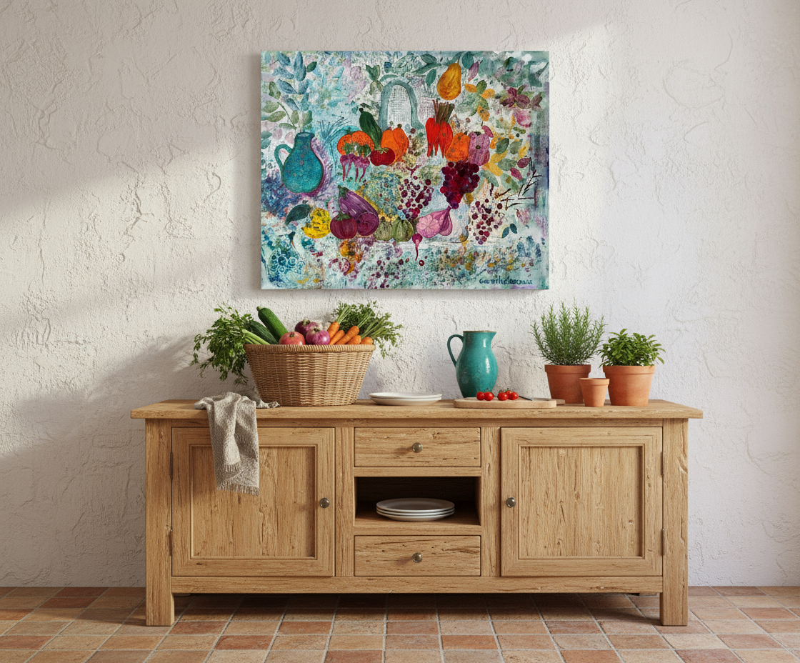 Mise en scène peinture nature morte légumes et fruits du potager