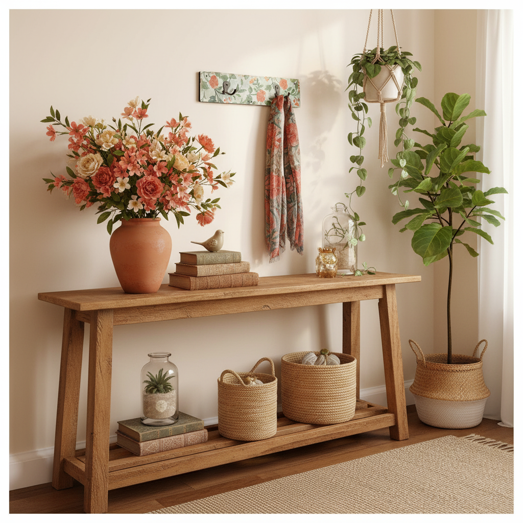 Mise en scène porte-manteau fleurs corail