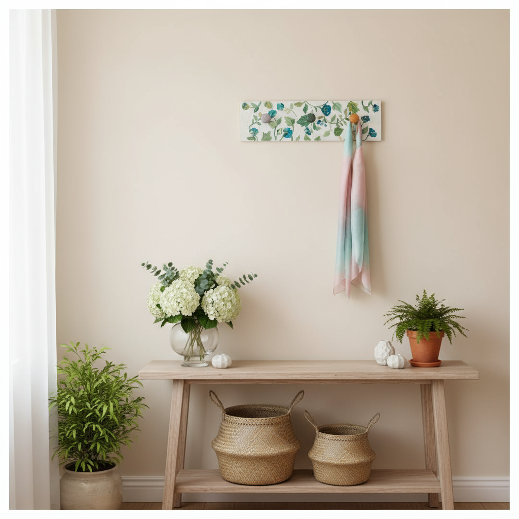 Mise en scène porte-manteau jardin fleuri blanc