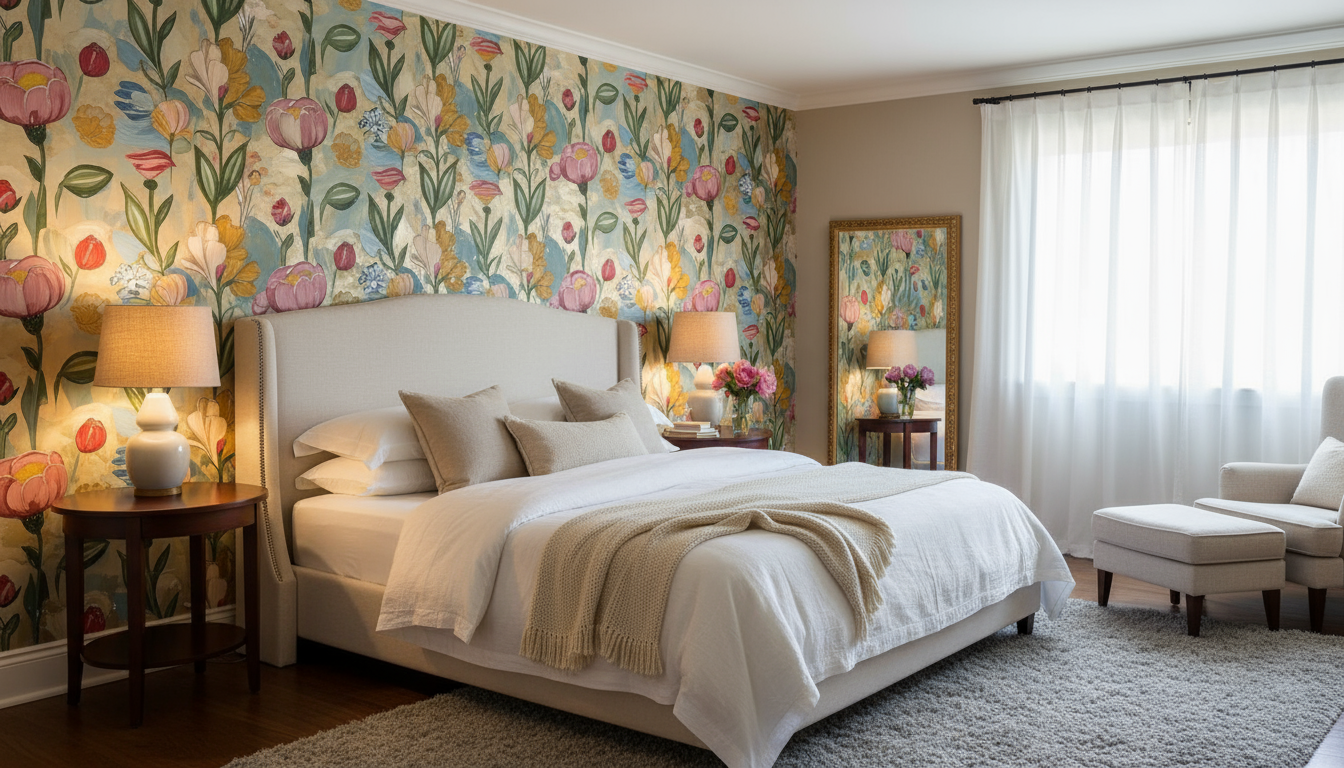 Papier peint panoramique floral dans une chambre