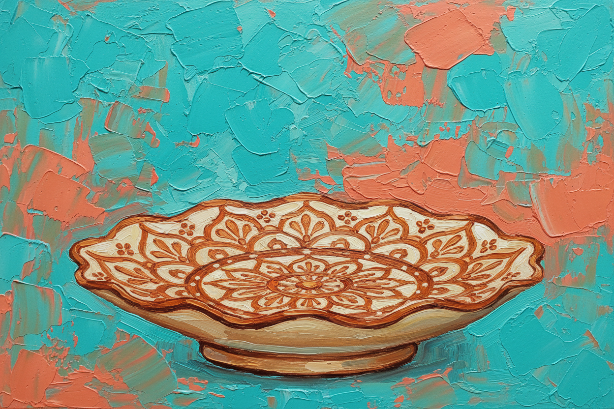 Plat décoratif mandala orangé avec pied - Peinture impasto