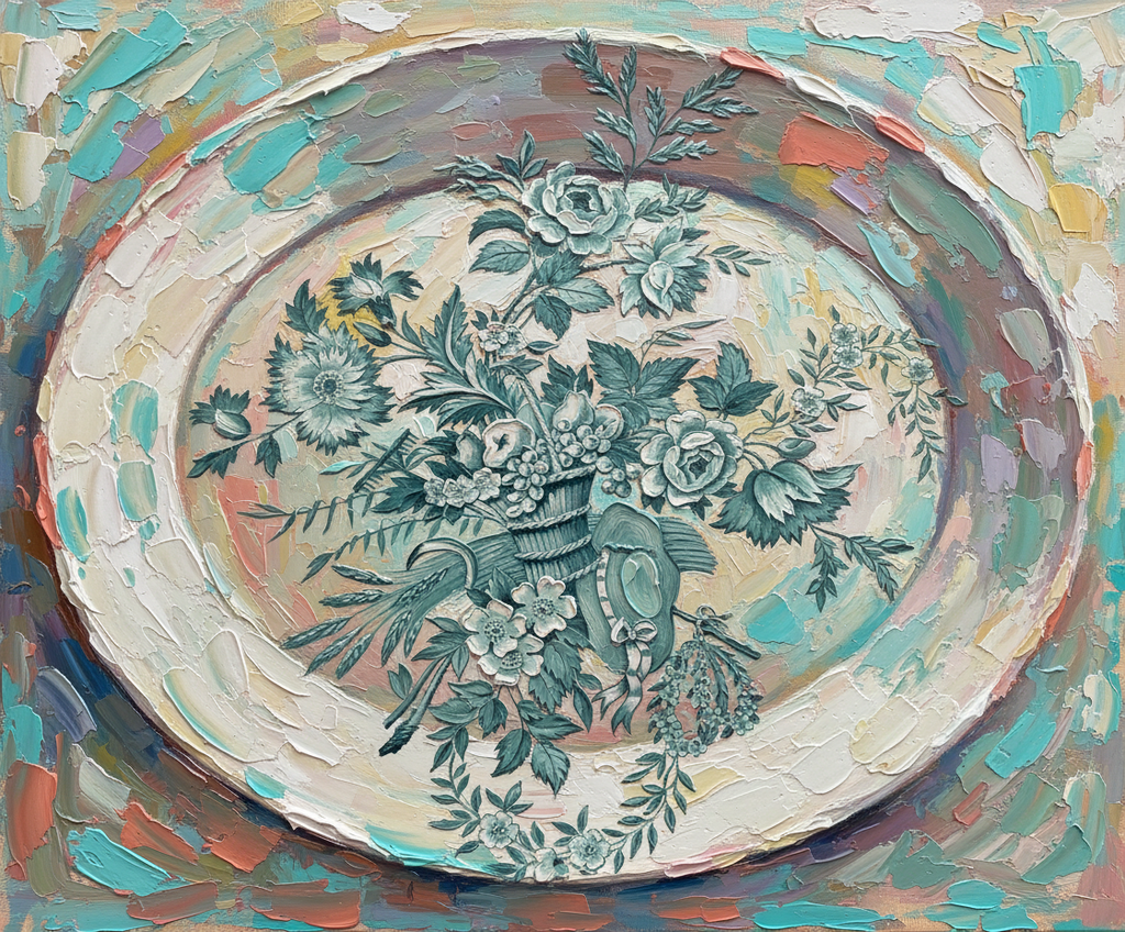 Plat ovale floral vintage - Peinture impasto méditerranéenne