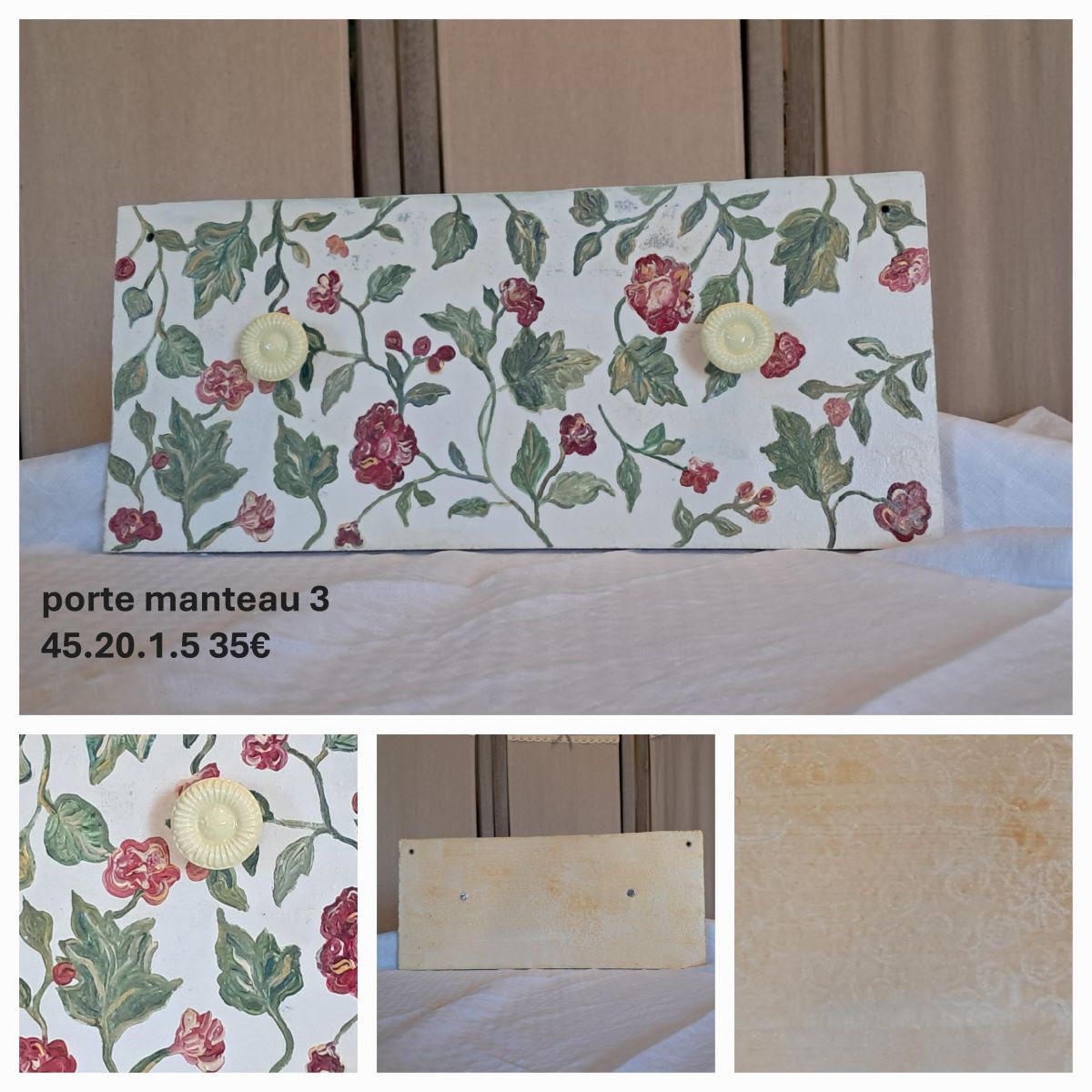 Porte-Manteau Mural Fleuri Roses Vintage - Peinture Artisanale