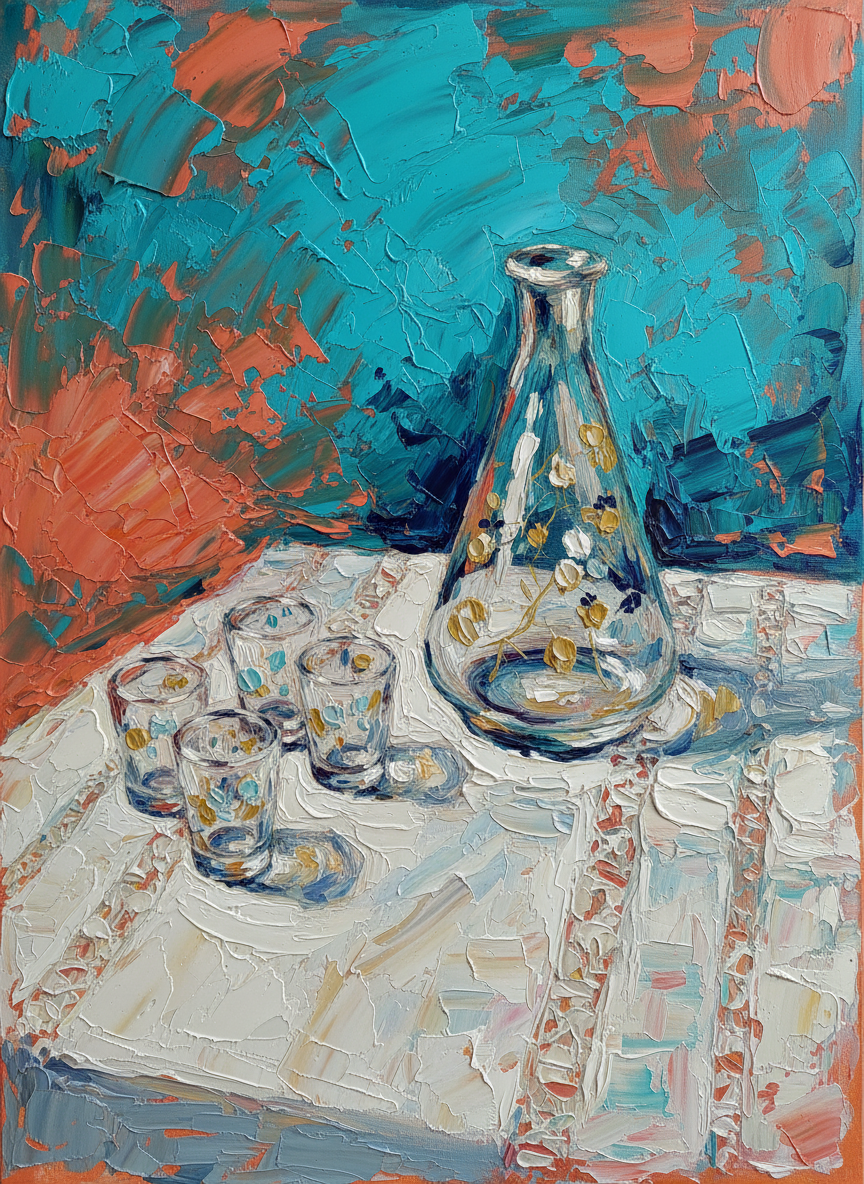 Service à eau verre motifs floraux vintage - Peinture impasto méditerranéenne