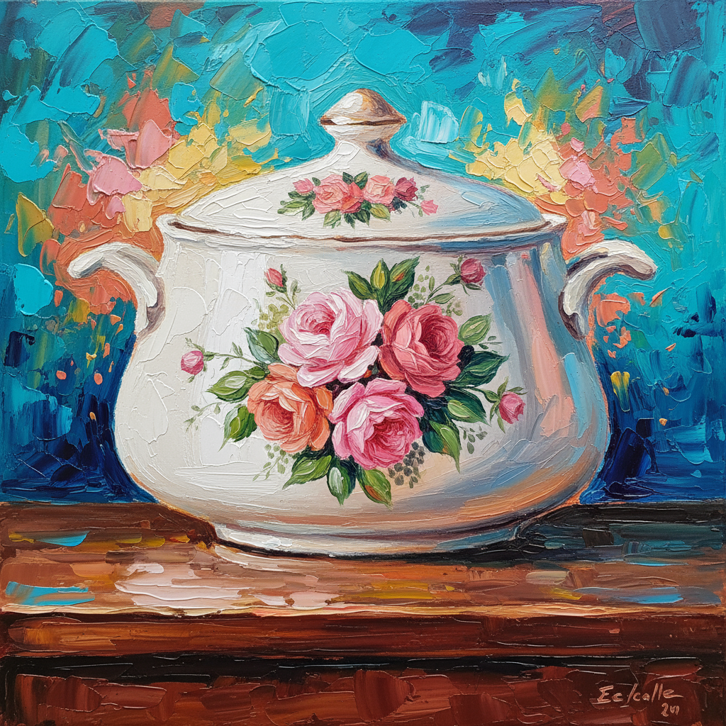 Soupière blanche bouquet roses vintage - Peinture impasto méditerranéenne
