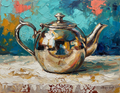 Théière argentée vintage - Peinture impasto méditerranéenne