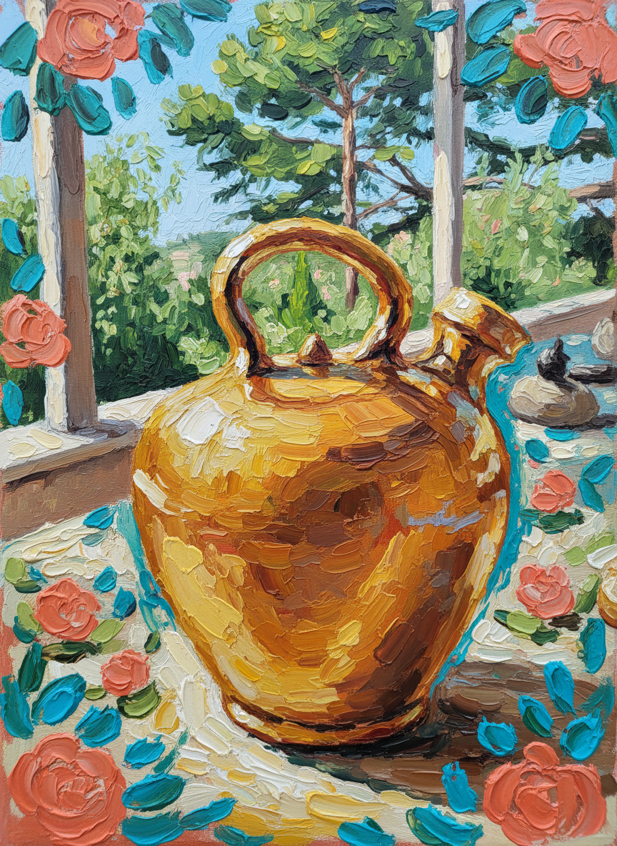 Théière dorée vintage - Peinture impasto méditerranéenne