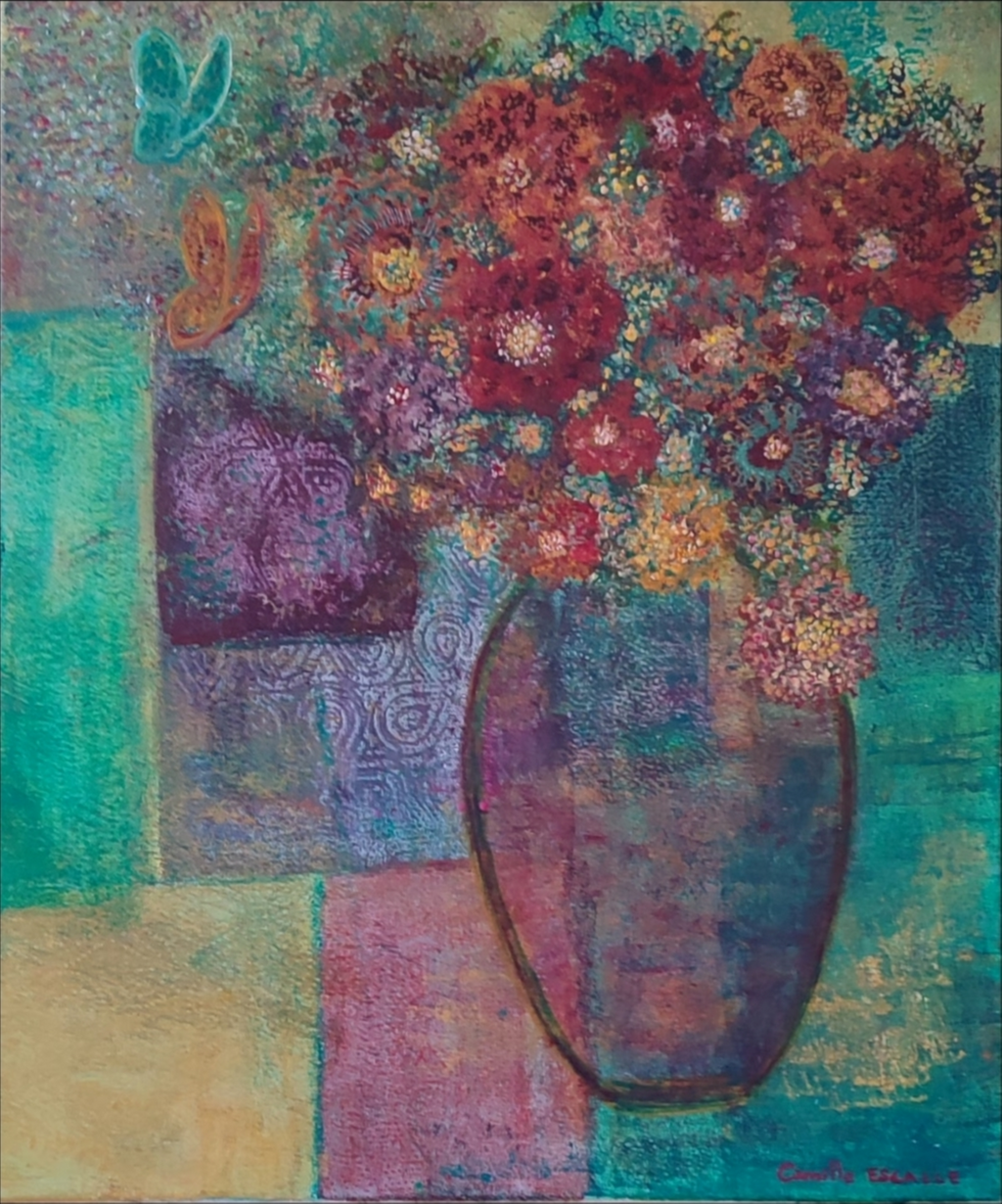 Bouquet Impressionniste Vase Violet - Peinture Acrylique Originale- "Effervescence"