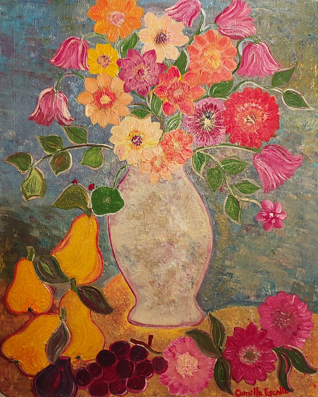 VENDU - Bouquet Champêtre et Fruits Dorés - Peinture Acrylique Originale