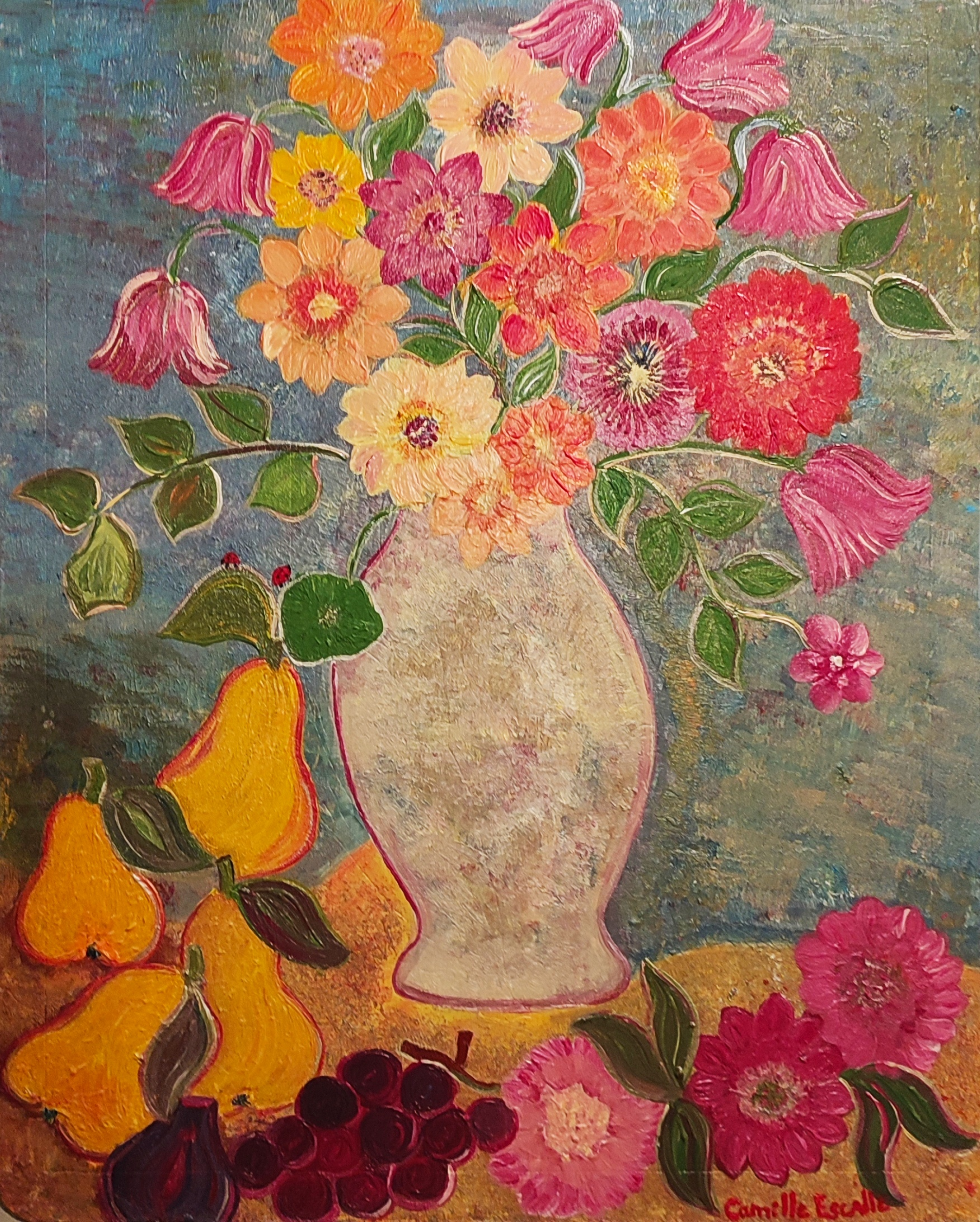 VENDU - Bouquet Champêtre et Fruits Dorés - Peinture Acrylique Originale